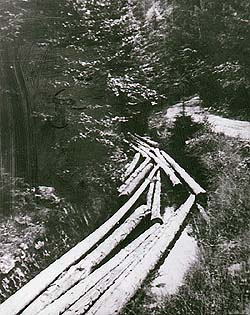 Schwarzenberger Schwemmkanal, schwimmende Stmme im Kanalbett, ein historisches Foto